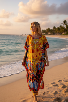  Boho Yellow Maxi Kaftan Dress for Women – Flowy Casual Caftan for Summer & Resort Style 2XL