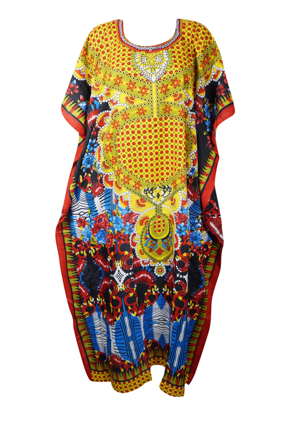 Boho Maxi Kaftan Dress for Women – Vibrant Yellow & Red Flowy Casual Caftan 2XL