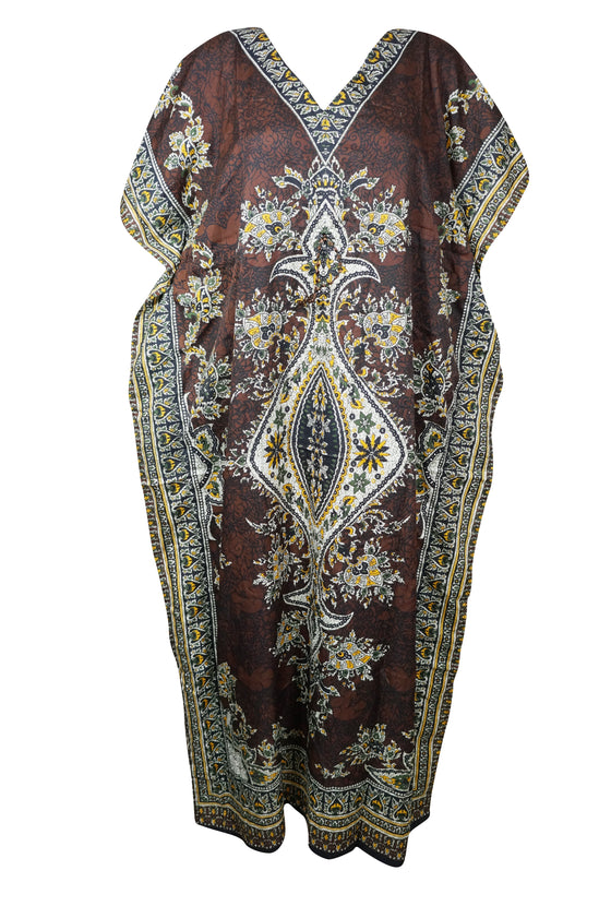 Women's Brown Multi Maxi Boho Kaftan – Hippie-Inspired Beach Dress for Effortless Summer Style L-2XL