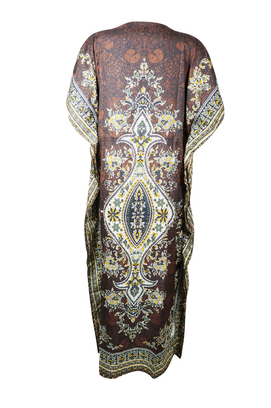 Women's Brown Multi Maxi Boho Kaftan – Hippie-Inspired Beach Dress for Effortless Summer Style L-2XL