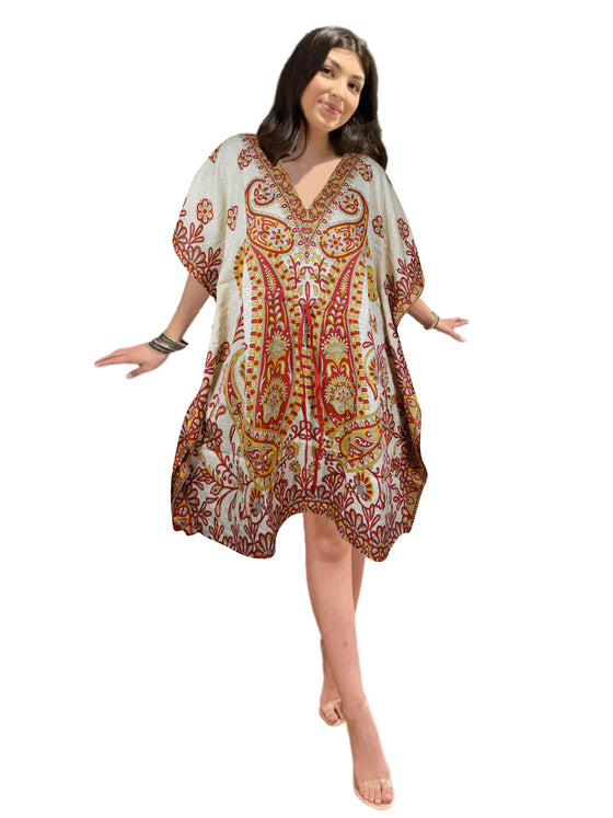 Women's Short Hippie Kaftan Dress – Orange & White Boho Caftan L-2XL