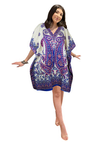  Women's Blue and White Boho Caftan – Short Hippie Beach Dress for Breezy Summer Style L-2XL 