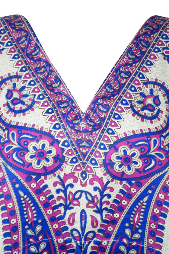 Women's Blue and White Boho Caftan – Short Hippie Beach Dress for Breezy Summer Style L-2XL