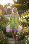 Bohemian Floral Green & Purple Georgette Kaftan – Flowy Beach Cover-Up Dress for Women  2XL