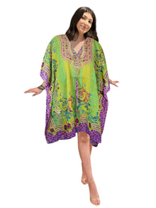  Bohemian Floral Kaftan Tunic – Green & Purple Georgette Beach Cover-Up XL