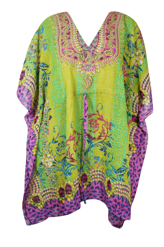 Bohemian Floral Kaftan Tunic – Green & Purple Georgette Beach Cover-Up 2XL