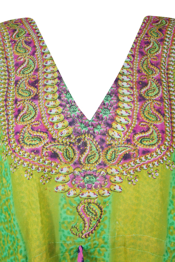 Bohemian Floral Kaftan Tunic – Green & Purple Georgette Beach Cover-Up 2XL