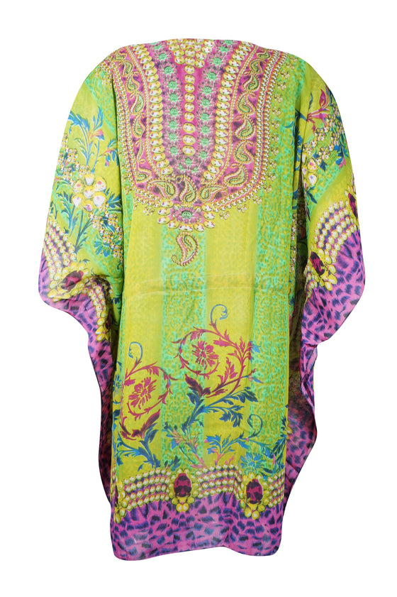 Bohemian Floral Kaftan Tunic – Green & Purple Georgette Beach Cover-Up 2XL