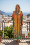 Bohemian Georgette Caftan Maxi Dress – Orange & Yellow Cruise Wear  XL