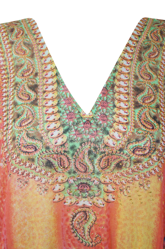 Bohemian Georgette Caftan Maxi Dress – Soft Cruise Wear in Orange & Yellow XL