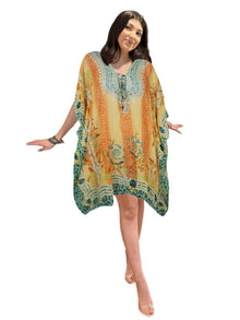  
Women’s Summer Sheer Caftan – Peach & Blue Short Kaftan for Beach & Resort  L-2X
