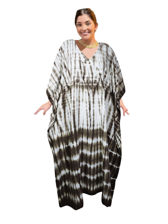 Women’s Green & White Boho Maxi Kaftan Dress – Flowy and Elegant Caftan L-3XL