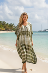 Boho Green & White Maxi Kaftan Dress – Soft Flowy Beach Cover-Up for Women  L-3XL