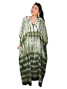  Boho Green & White Maxi Kaftan Dress – Soft, Flowy Caftan Beach Cover Up for Women L-3XL