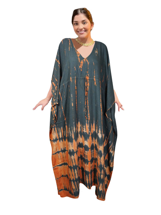 Women's Black & Orange Tie-Dye Maxi Kaftan – Boho Chic Caftan Dress L-3XL