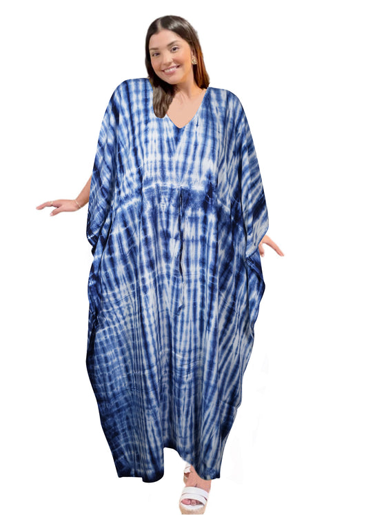 Women's Blue & White Bohemian Maxi Kaftan – Long Beach Caftan Dress  L-3XL,