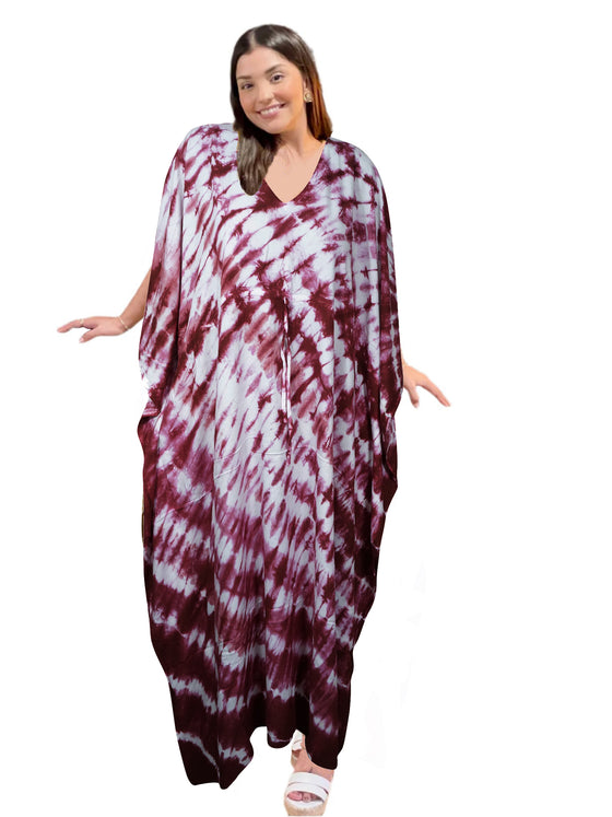 Women's Maroon & White Boho Maxi Kaftan – Flowing Summer Dress L-3XL