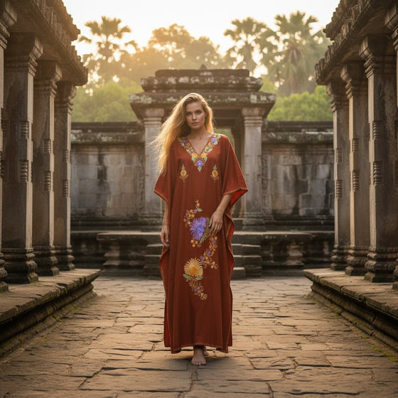 Women’s Orange Boho Kaftan – Handcrafted Cotton Ethnic Maxi Dress L-3XL