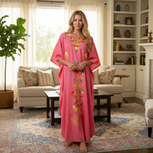  Women’s Pink Floral Embroidered Caftan – Handcrafted Boho Cotton Maxi Dress  L-3XL