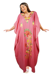  Women’s Pink Floral Embroidered Caftan – Handcrafted Cotton Maxi Dress L-3XL