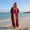 Women’s Purple Embroidered Maxi Kaftan – Handcrafted Boho Cotton Dress for Resort L-2XL