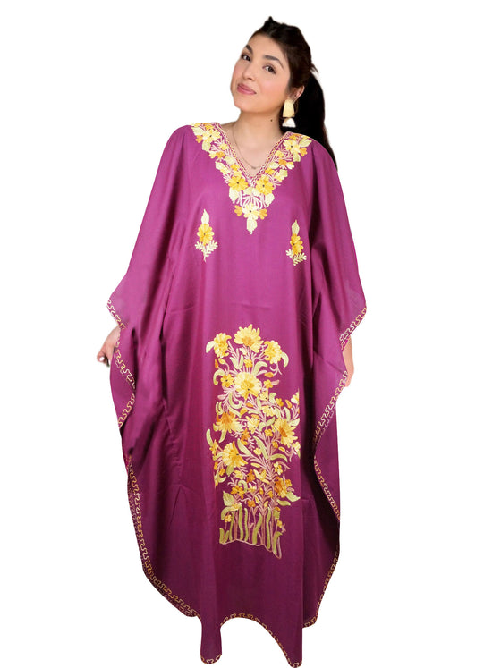 Women’s Purple Embroidered Maxi Kaftan – Handcrafted Boho Cotton Dress L-2XL