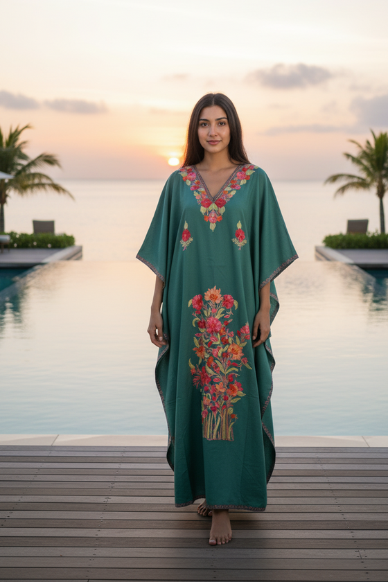Women’s Green Floral Boho Caftan – Handcrafted Cotton Maxi Dress  L-3XL