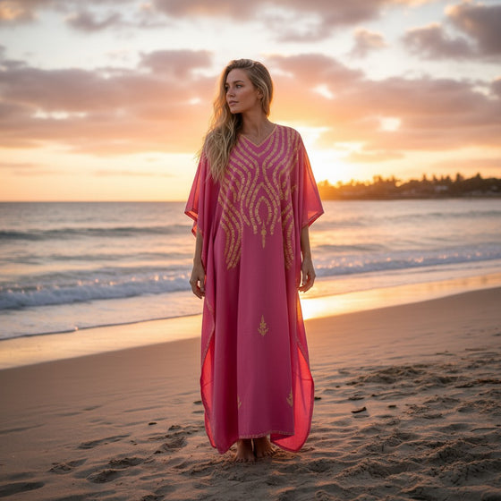 Women’s Pink Embroidered Maxi Kaftan – Boho Chic Cotton Caftan L-3XL