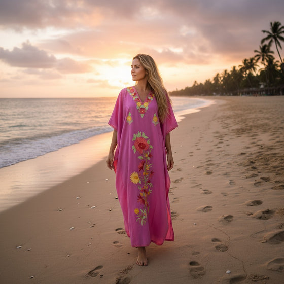 Women’s Pink Cotton Kaftan Maxi Dress | Embroidered Long Caftan for Boho Elegance L-3XL