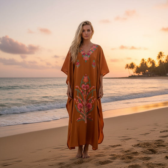 Embroidered Orange Caftan Maxi Dress | Handmade Kashmiri Kaftan for Boho Elegance  L-3XL