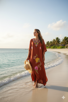  Women’s Red Cotton Maxi Kaftan – Colorful Embroidered Boho Summer Dress  L-2X