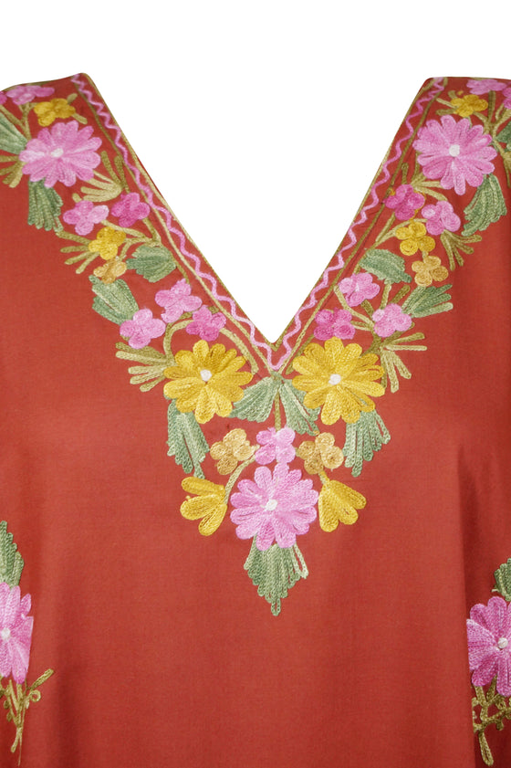 Women’s Red Cotton Maxi Kaftan – Colorful Embroidered Boho Summer Dress  L-2X