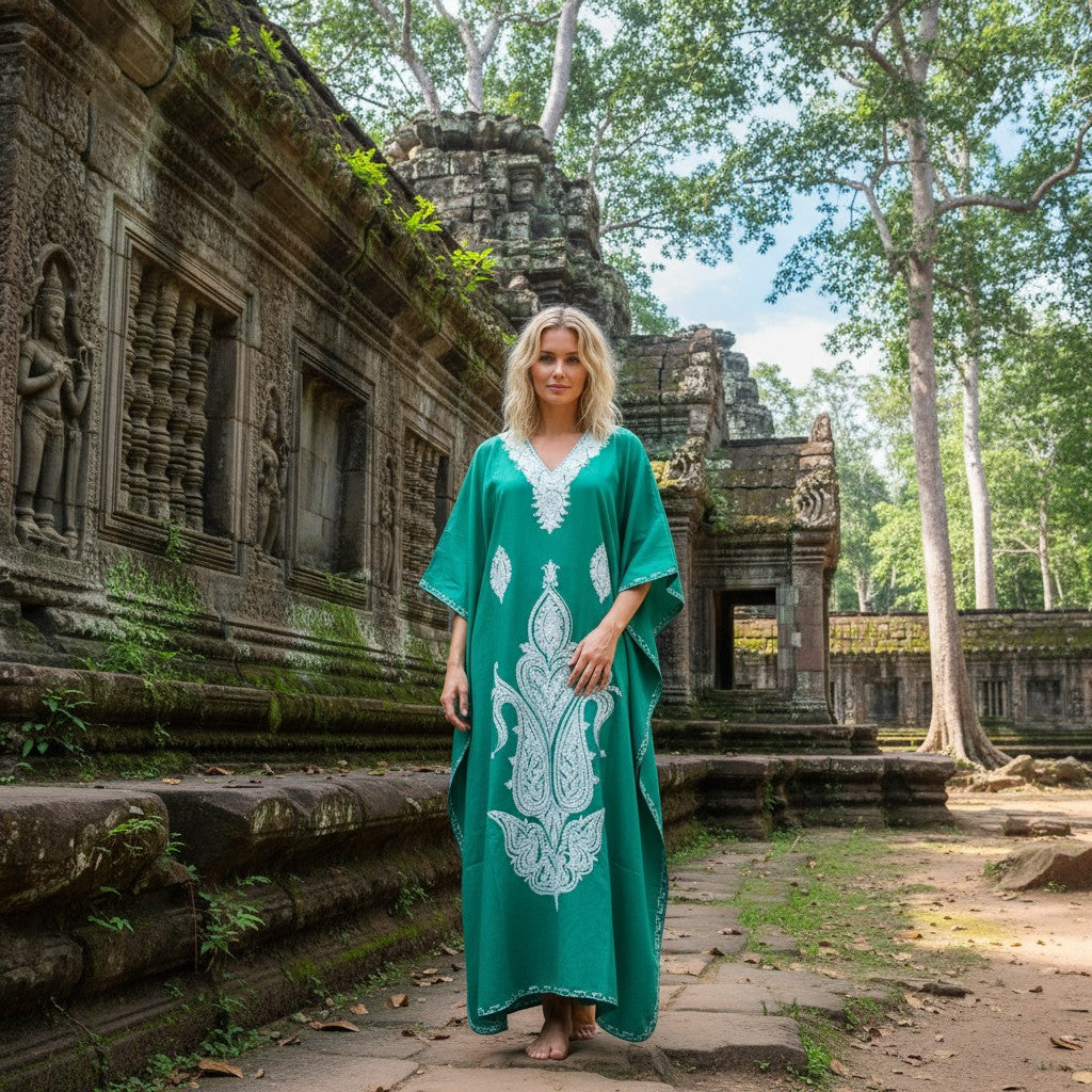 Women’s Sea Blue Kaftan Maxi Dress | Embroidered Boho Caftan for Effor