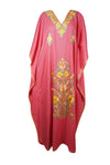 Women’s Pink Cotton Maxi Kaftan – Yellow Embroidered Boho Summer Dress  L-2X