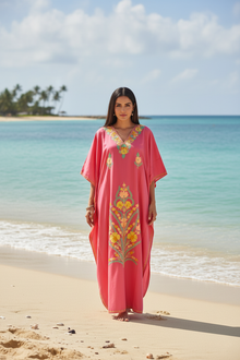  Women’s Pink Cotton Maxi Kaftan – Yellow Embroidered Boho Summer Dress
