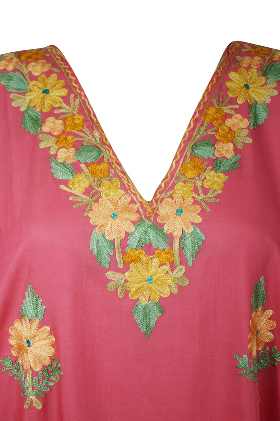 Women’s Pink Cotton Maxi Kaftan – Yellow Embroidered Boho Summer Dress  L-2X