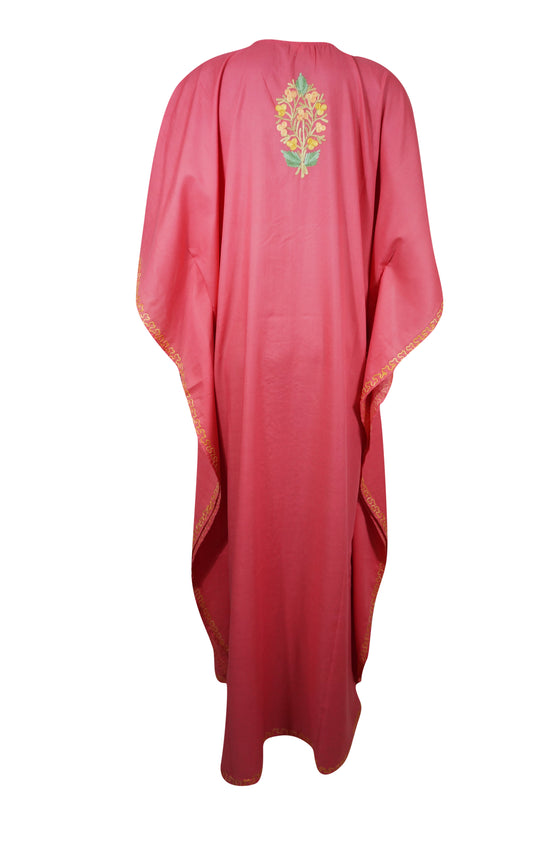 Women’s Pink Cotton Maxi Kaftan – Yellow Embroidered Boho Summer Dress  L-2X