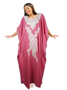  Women’s Pink Embroidered Boho Kaftan – Handcrafted Cotton Maxi Dress Resort Wear L-3XL