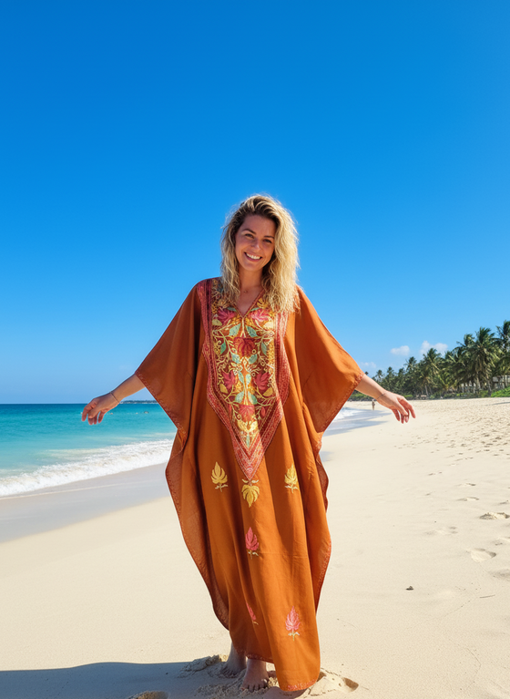 Women’s Orange Maxi Kaftan – Boho Caftan Dress, Resort Wear & Stylish Gift Idea  L-3XL