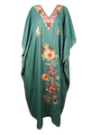 Women’s Green Cotton Maxi Kaftan – Colorful Embroidered Boho Summer Dress L-2X