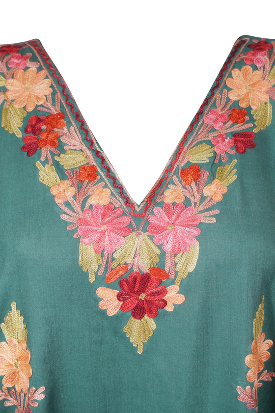 Women’s Green Cotton Maxi Kaftan – Colorful Embroidered Boho Summer Dress L-2X