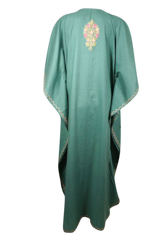 Women’s Green Cotton Maxi Kaftan – Colorful Embroidered Boho Summer Dress L-2X