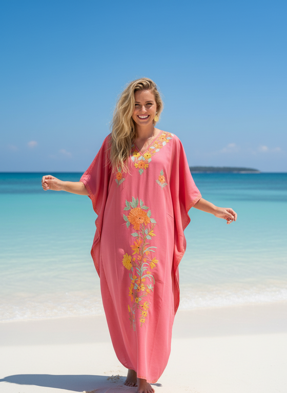 Women's Pink Kaftan Maxi Dress Boho Travel Dress, Elegant Resort Wea Women's Pink Kaftan Maxi Dress Boho Travel Dress, Elegant Resort Wea