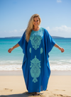 Women’s Blue Embroidered Kaftan – Boho Maxi Dress for Resort & Beach Wear  L-2XL