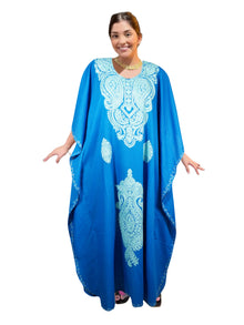  Women’s Blue Embroidered Kaftan – Boho Maxi Dress, Resort Wear Caftan  L-2XL