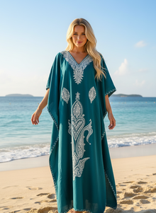  Embroidered Green Kaftan Maxi Dress – Elegant Cruise Wear Boho Caftan L-2XL