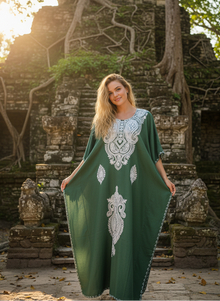  Women’s Green Boho Kaftan – Hand-Embroidered Cotton Maxi Dress  L-2XL