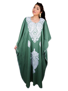  Women’s Green Boho Kaftan – Hand-Embroidered Cotton Maxi Dress, Ethnic Resort Wear L-2XL