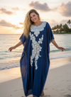 Women’s Blue Boho Kaftan – Hand-Embroidered Cotton Maxi Dress L-2XL