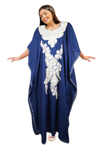  Women’s Blue Boho Kaftan – Hand-Embroidered Cotton Maxi Dress, Ethnic Summer Wear L-2XL
